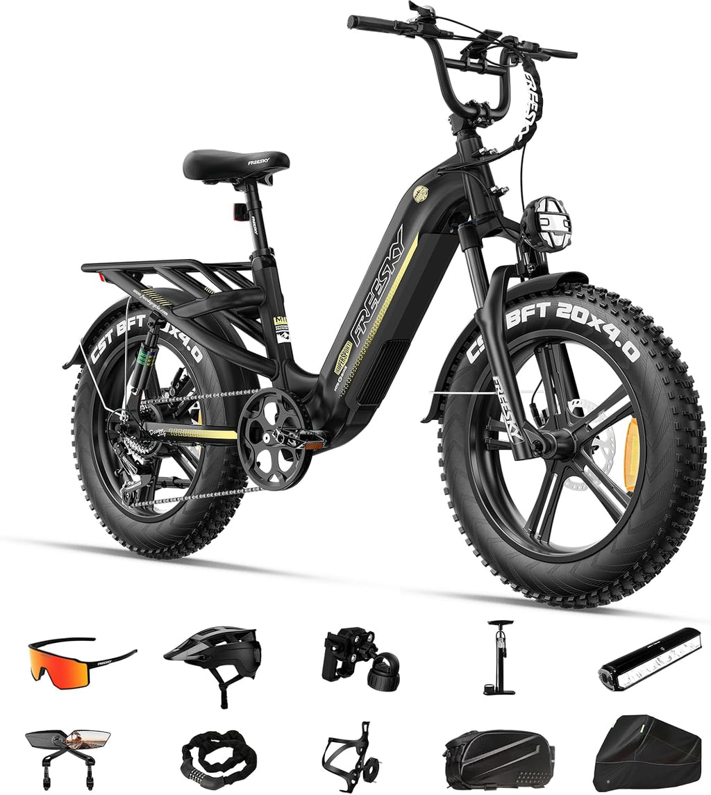 FREESKY 2026 Upgraded Rocky Pro Torque Sensor Electric Bike for Adults, 48V 25Ah Samsung Cells Battery, 105 Miles Range, 33MPH Fat Tire Step-Thru E Bike, 20' Full Suspension Cargo Bicycles, 8-Speeds