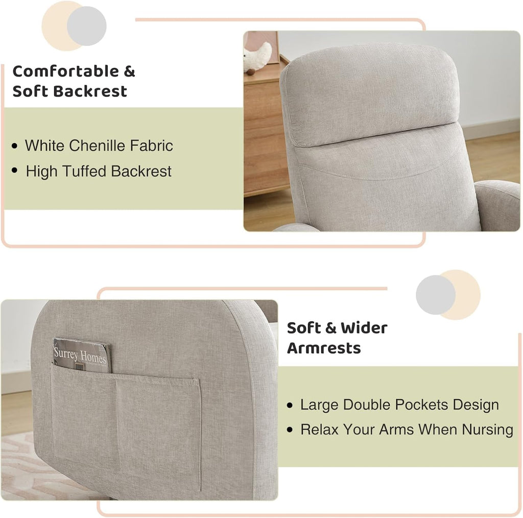 Swivel Rocker Recliner Chair, Rocking Recliner for Nursery with Side Pockets, Manual Swivel Reclining Nursery Glider Chair for Breastfeeding Living Room, Camel Chenille