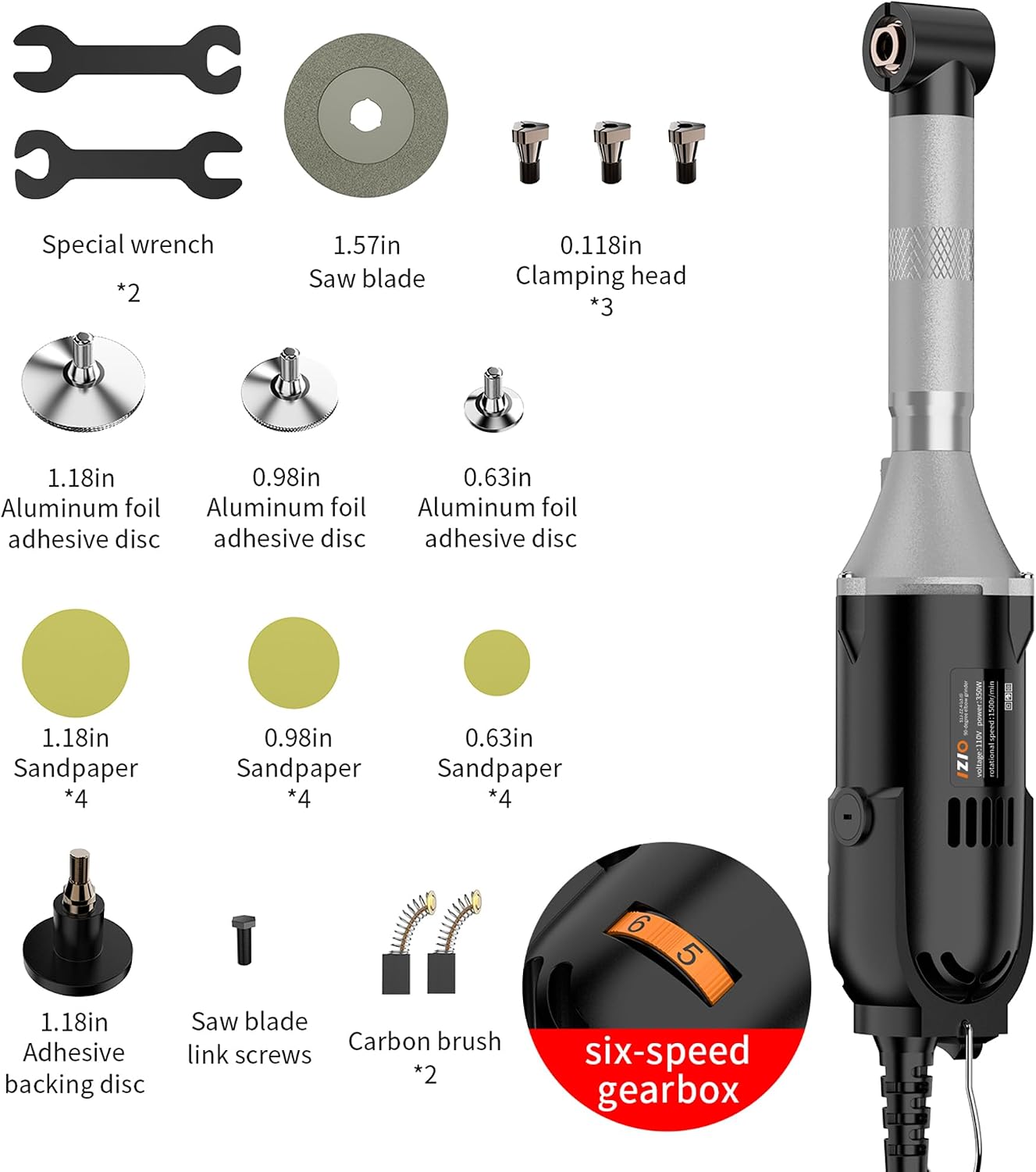 IZIO Multi-Purpose Electric Die Grinder Kit - 6 Variable Speed Polisher & Sander, Compact 1' Rotary Angle Grinder for Metal/Wood Crafting, DIY & Professional Grinding Tool (Black)