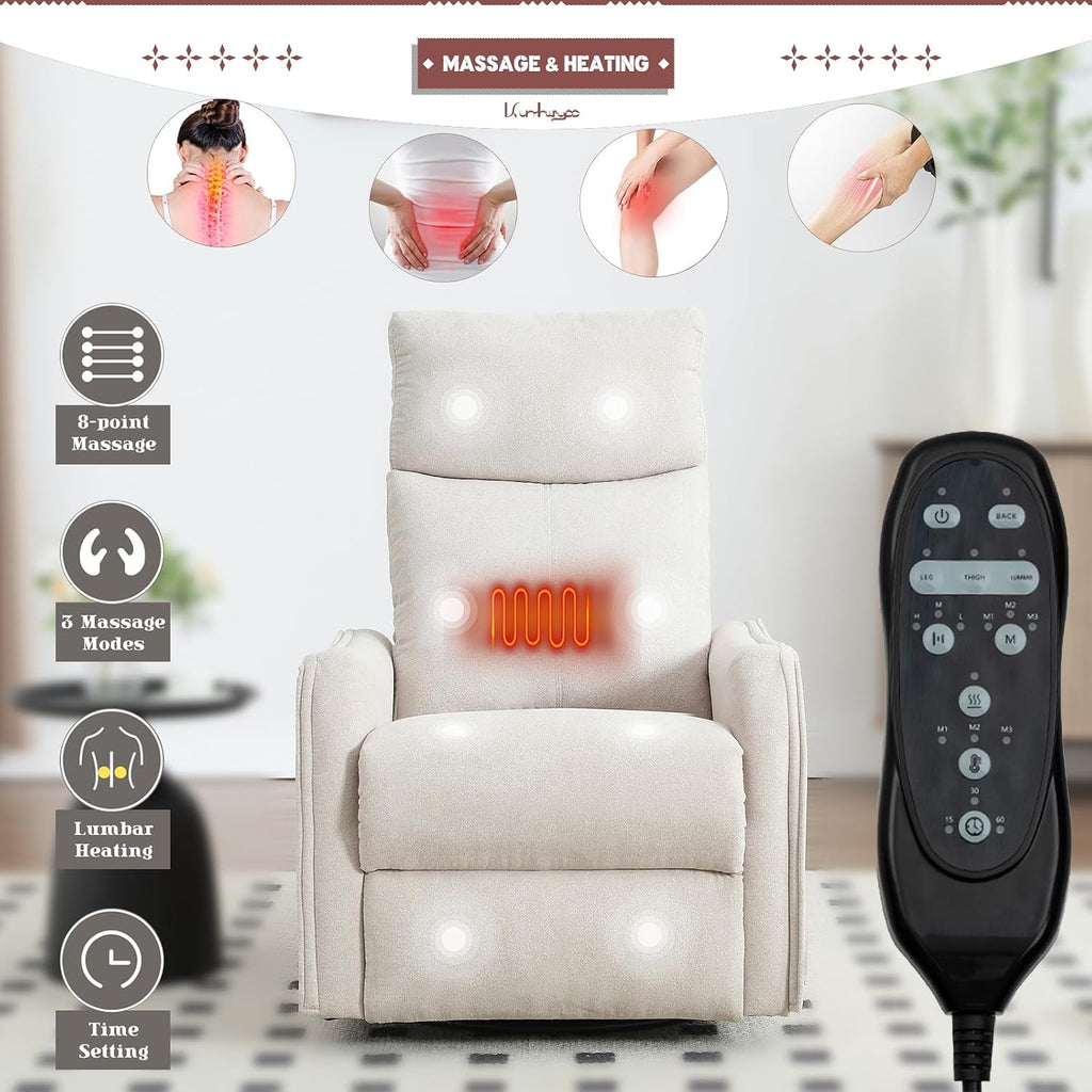 Rocking Recliner Chair with Heat and Massage, 360° Swivel Glider Rocker with Reclining Backrest and Footrest, Modern Nursery Rocking Chairs for Adults for Bedroom, Living Room, Office (Beige)