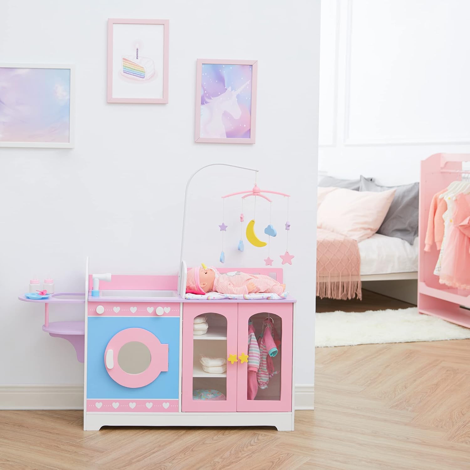Teamson Kids - Olivia's Classic 6 in 1 Baby Doll Changing Station with Storage, Pretend Play Dolls Furniture, Pink/Purple
