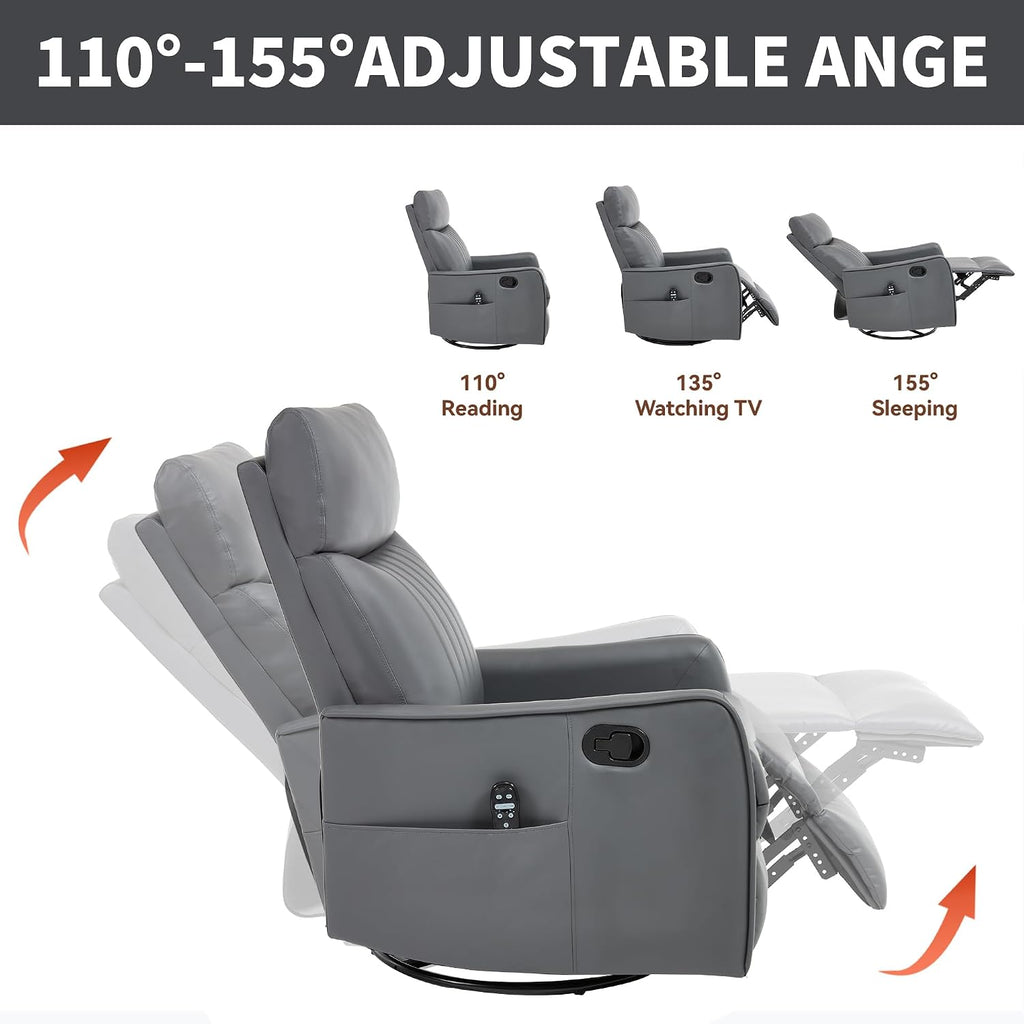 Manual Swivel Rocker Recliner Chair for Adults, Overstuffed Reclining Glider Chair for Nursing with Vibration Massage & Heat, Living Room Rocking Recliner 2-Stage backrest, Faux Leather Gray