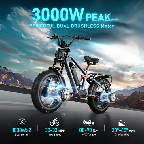 (2025 Upgraded) Eahora Terra Peak 3000W Dual Motor Electric Bike for Adults 48V 20A 30-33MPH 80-120Miles Long Range Adult EBike Dual Hydraulic Brakes Full Suspension Electric Bicycle