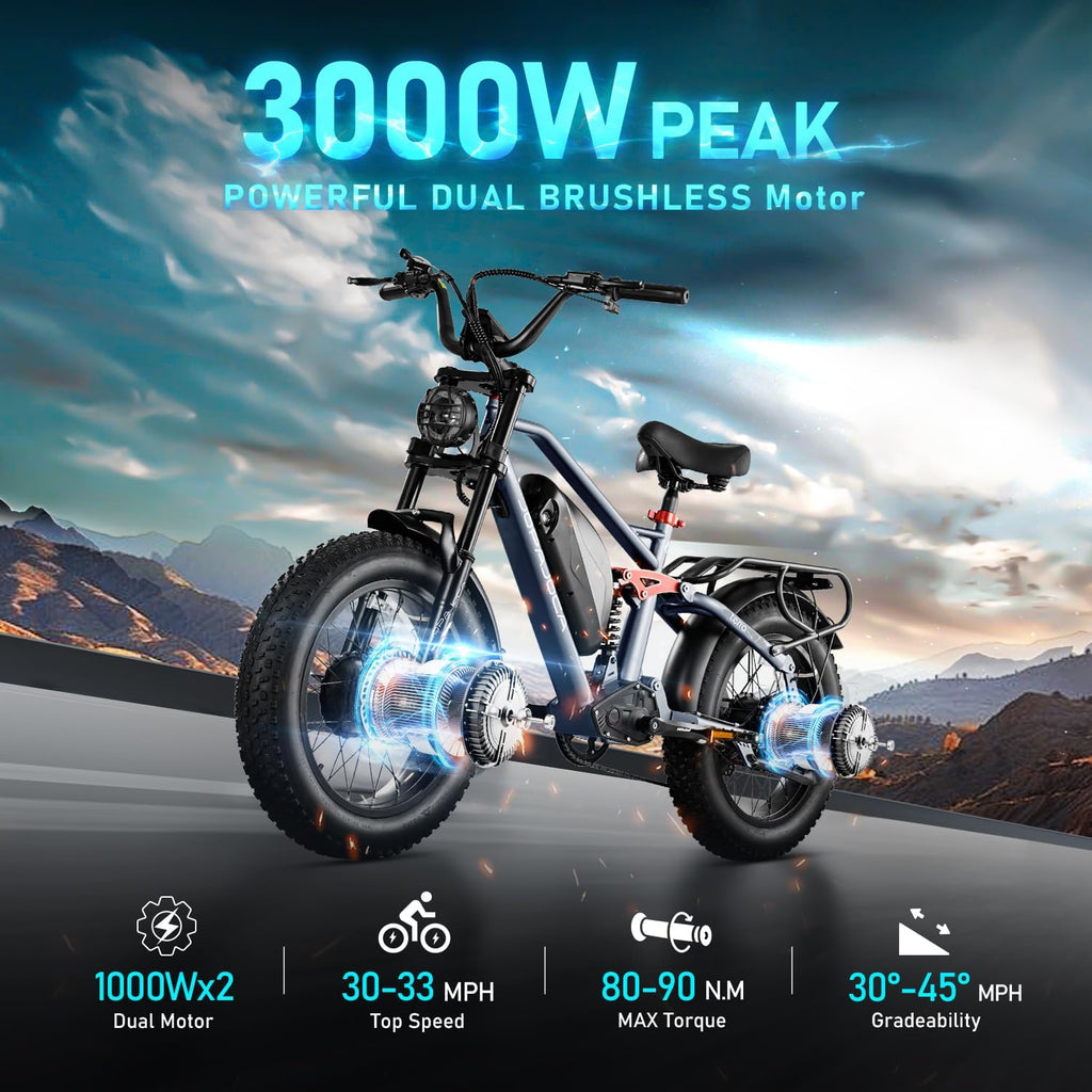 (2025 Upgraded) Eahora Terra Peak 3000W Dual Motor Electric Bike for Adults 48V 20A 30-33MPH 80-120Miles Long Range Adult EBike Dual Hydraulic Brakes Full Suspension Electric Bicycle