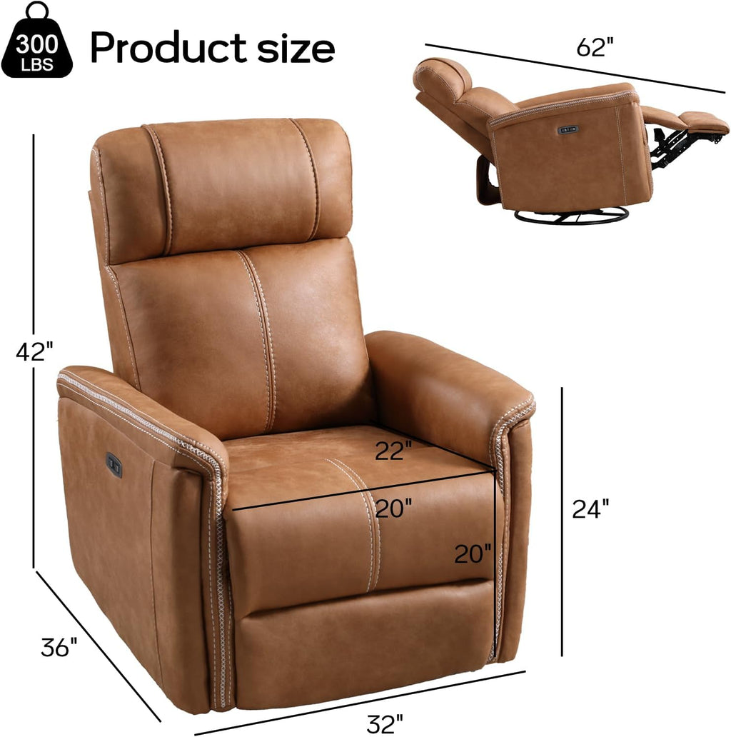 CANMOV Faux Leather Power Swivel Rocker Recliner,Glider Recliner for Nursery,Electric Swivel Rocker with USB Port,Upholstered Nursery Glider Reclining Sofa for Living Room,Brown1
