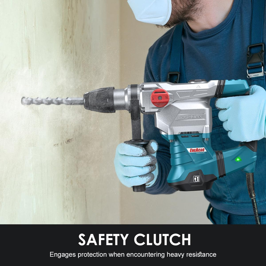 ENEACRO SDS-Max Heavy-Duty Rotary Hammer Drill 9 Ft.lbs, 3 Functions with Safety Clutch & Vibration Control 1-9/16' Drilling Capacity in Concrete– Includes Chisel, Drill Bit, and Tool Bag