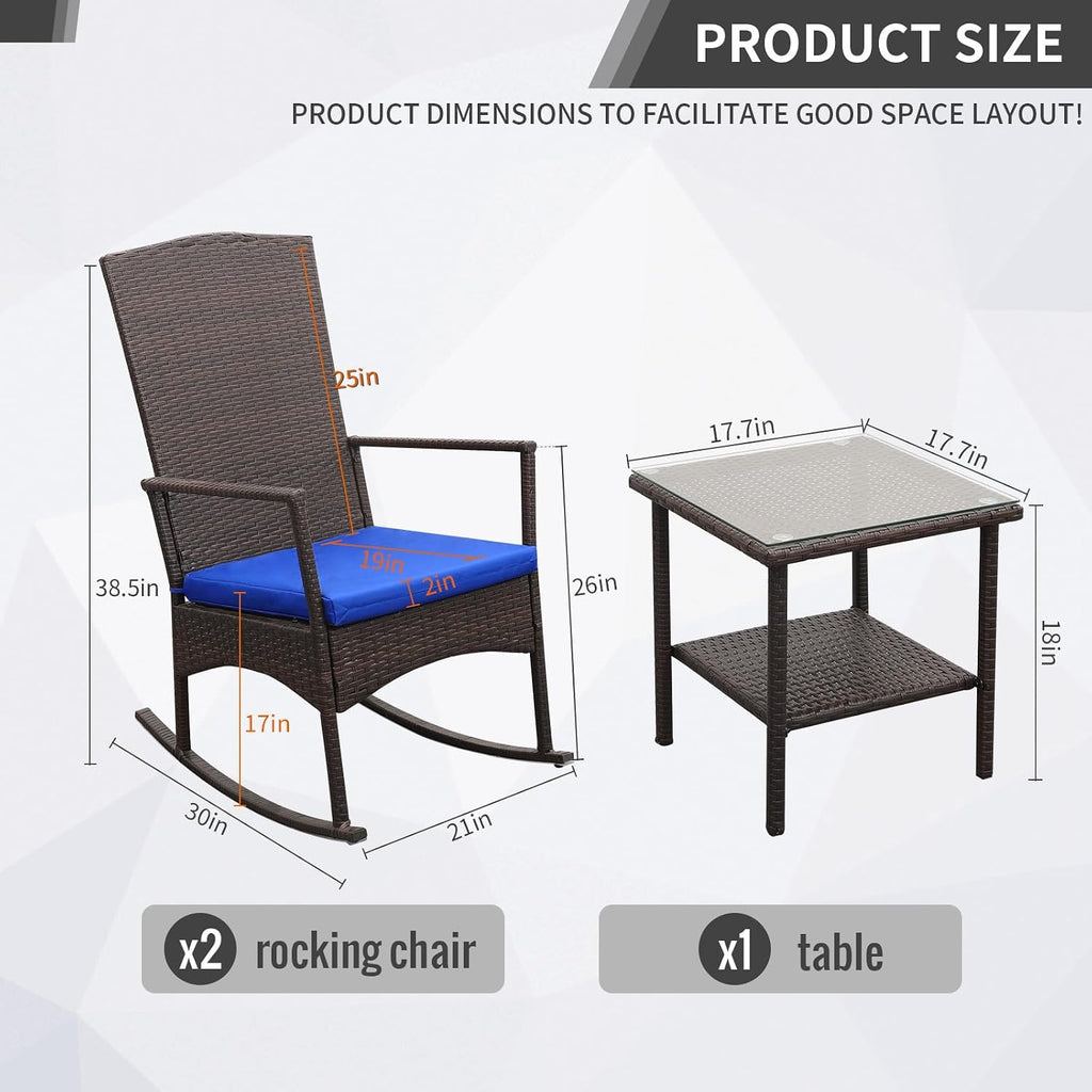 Oasishine Rocking Chair Outdoor 3 Pieces High-Backed Patio Rocking Chairs Bistro Table and Chairs Set of 2, Royal Blue