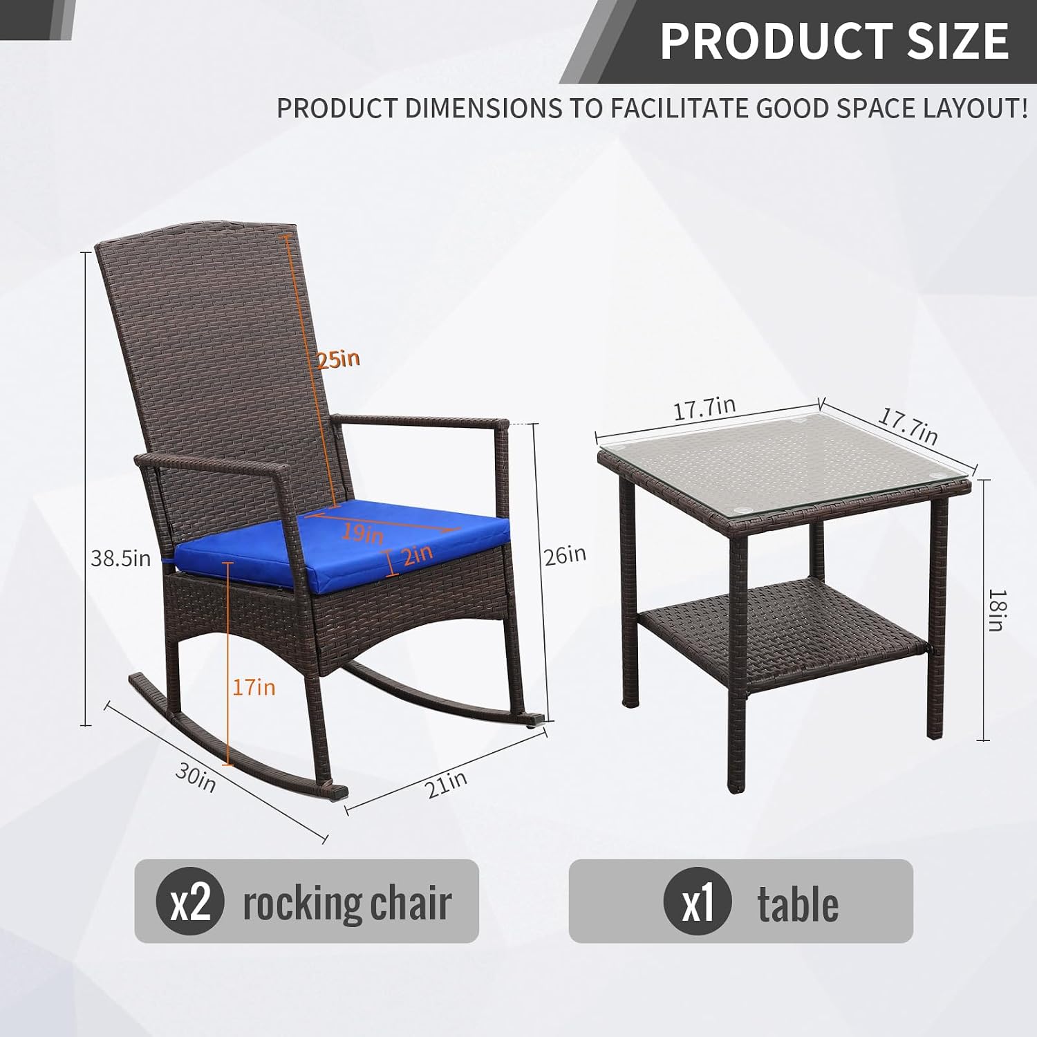 Oasishine Rocking Chair Outdoor 3 Pieces High-Backed Patio Rocking Chairs Bistro Table and Chairs Set of 2, Royal Blue