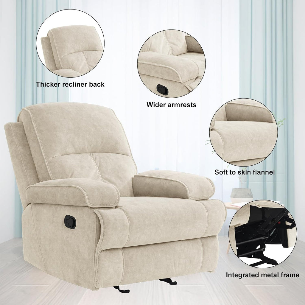Manual Rocker Recliner Chair for Adults, High Back Glider with Deep Seat, Upholstered Fabric Armchair for Living Room & Nursery, Beige