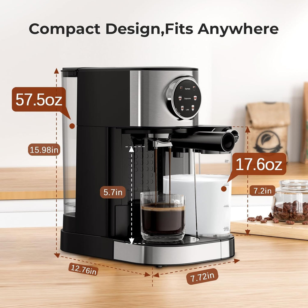 Electactic Espresso Machine 20 Bar, Super Compact Espresso Maker Stainless Steel with Touch Screen, Professional Coffee Machine, Automatic Milk Frother for Cappuccino