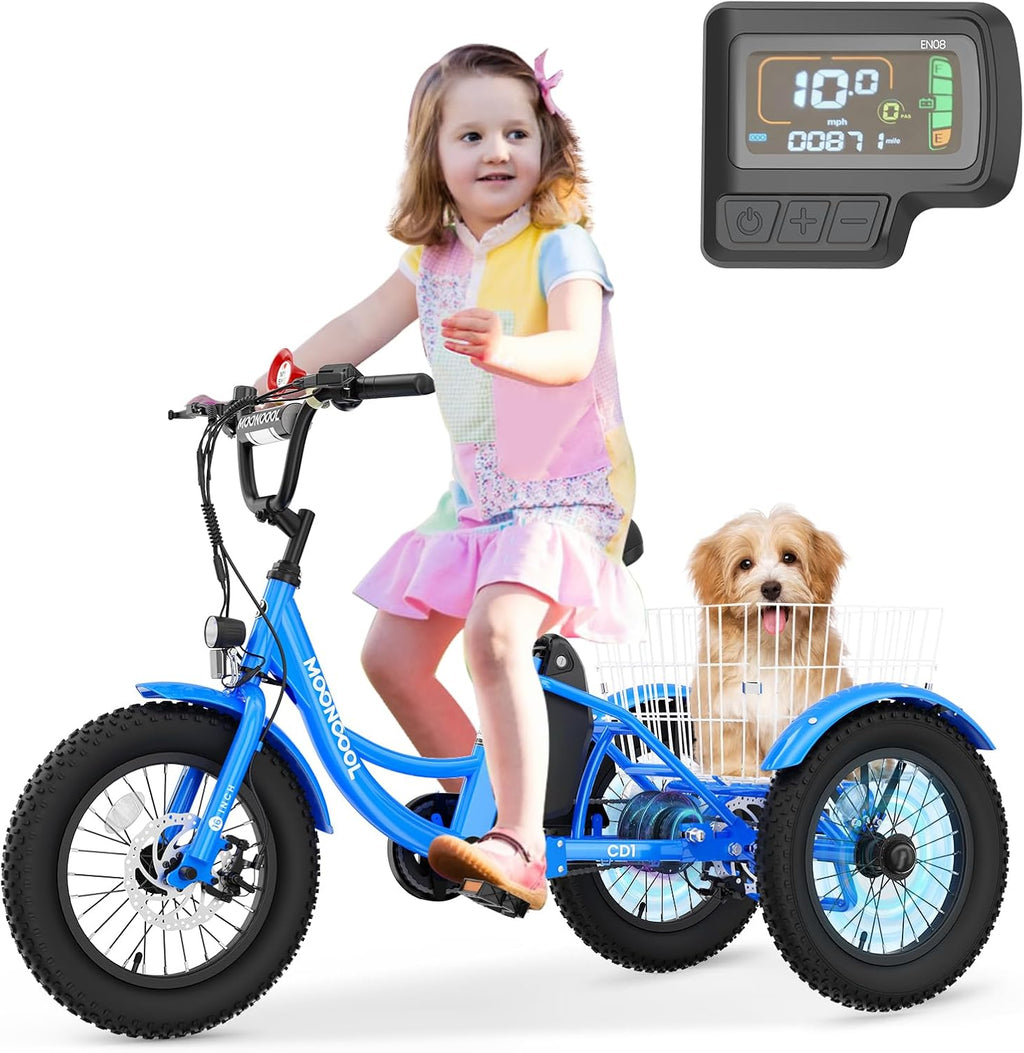 LILYPELLE Electric Tricycle for Youth, 250W Aluminum Frame Electric Tricycle Etrike, 16IN 3 Wheels Electric Bicycle Bikes, 3.0 Fat Tire Electric Trike with Removable Battery and Rear Basket