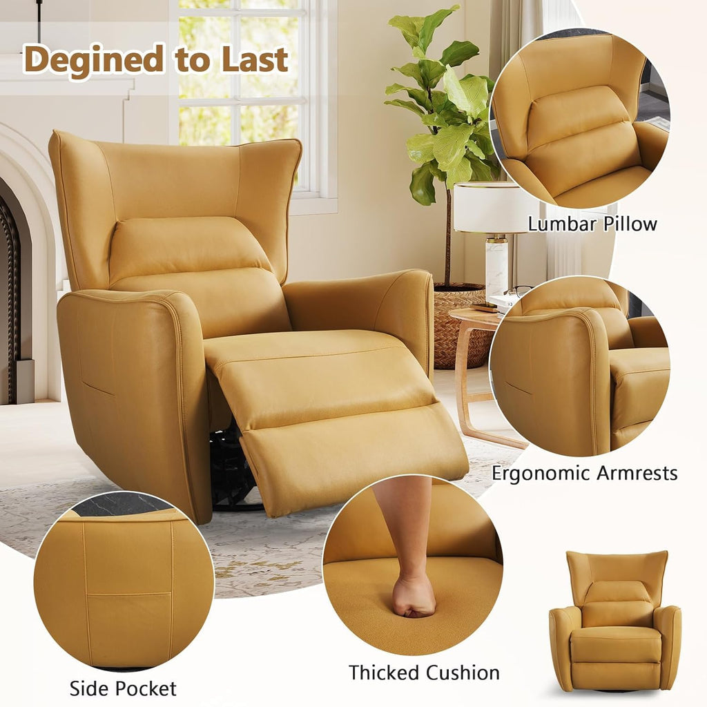 HAOMARKETS Power Swivel Rocker Recliners, Breathable Faux Leather Electric Glider Rocking Recliner Chair for Adults, 270° Swivel Nursery Reclining Sofa with USB Charging Port，Lemon Yellow