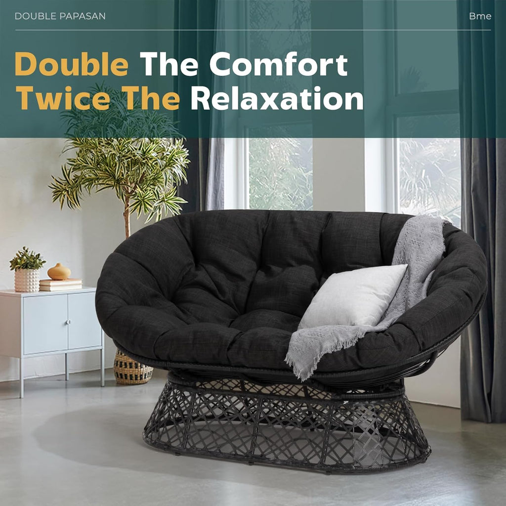Bme Double Papasan Chair, 600lbs Capacity, Ergonomic Design, Soft Thick Fabric Cushion, Bee-Designed Base, Durable Steel Frame, 61', Onyx Stone - Black Base