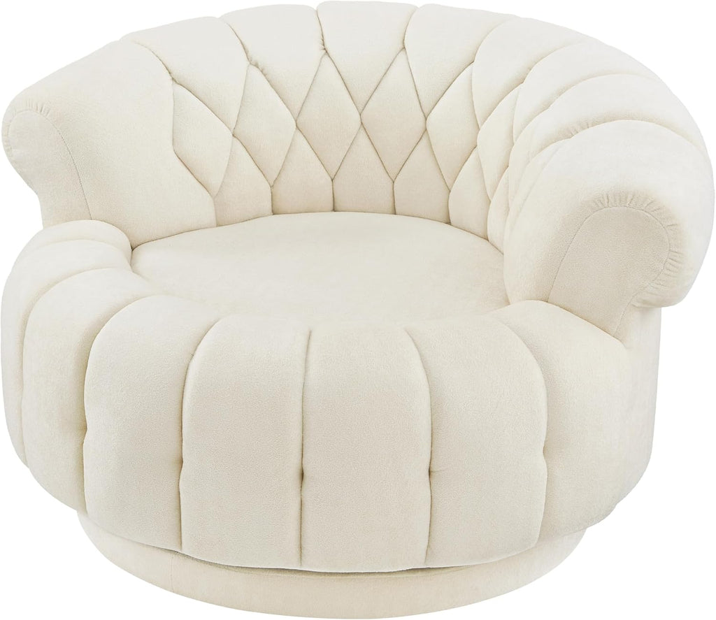 360° Swivel Accent Chair, Chenille Fabric Barrel Swivel Chair Round Club Chair with Curved Armrests & Thick Cushioning, Stylish Channel-Tufted & Diamond-Quilted Backrest for Living Room (Beige,02)