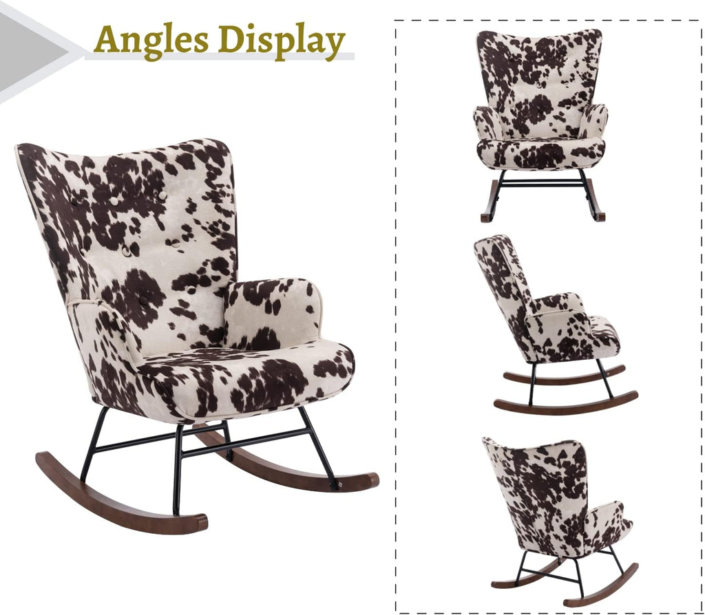 EALSON Nursery Rocking Chair Fabric Upholstered Rocker Chair Tufted Wingback Accent Chair with Wooden Base Modern Comfy Lounge Armchair for Bedroom Living Room, Cow