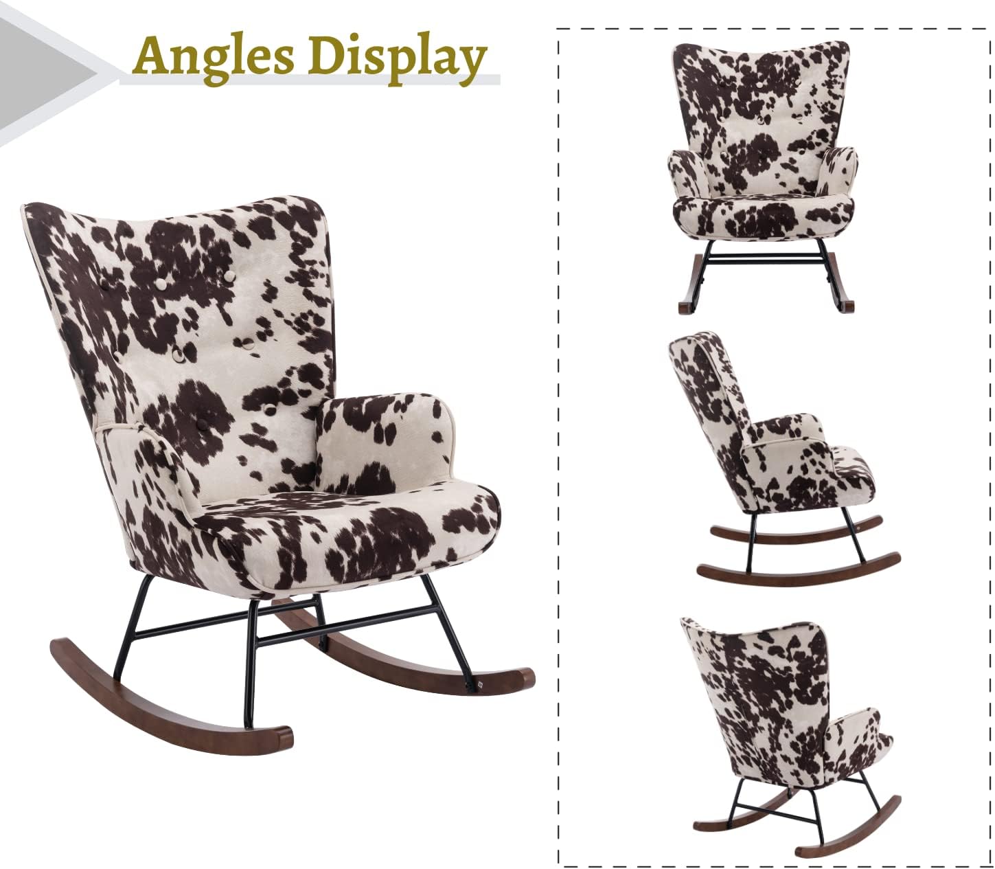EALSON Nursery Rocking Chair Fabric Upholstered Rocker Chair Tufted Wingback Accent Chair with Wooden Base Modern Comfy Lounge Armchair for Bedroom Living Room, Cow