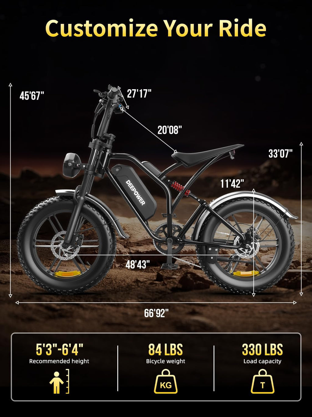 DEEPOWER Electric Bike for Adults,1500W Peak 20' Fat Tire EBike, Up to 32+MPH,60+Miles Max Range, Electric Dirt Bike for Road Sand Mountain Snow - 48V 13AH Battery Powered Electric Motorcycle