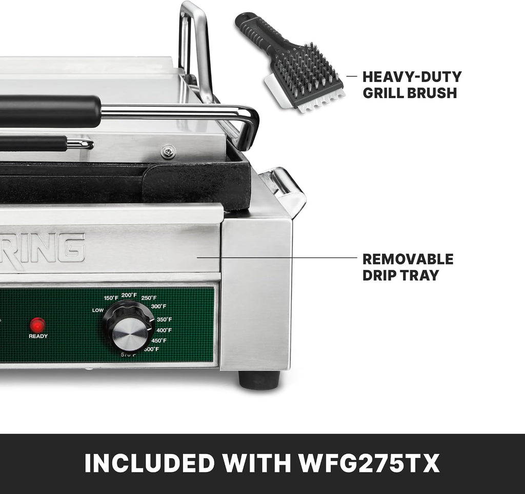 Waring Commercial Full-Size Flat Toasting Grill with Timer, Cast Iron Plates, 14' x 14' Cooking Surface, Ideal for Grilling Sandwiches, Paninis, Tortillas, Quesadillas, WFG275TX