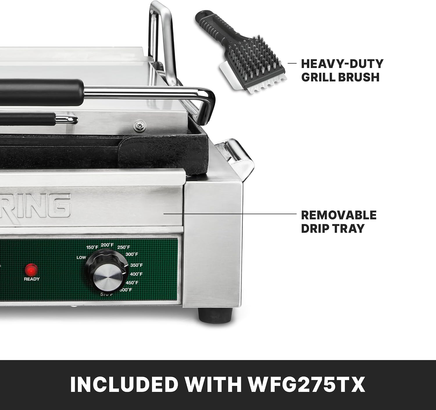 Waring Commercial Full-Size Flat Toasting Grill with Timer, Cast Iron Plates, 14' x 14' Cooking Surface, Ideal for Grilling Sandwiches, Paninis, Tortillas, Quesadillas, WFG275TX