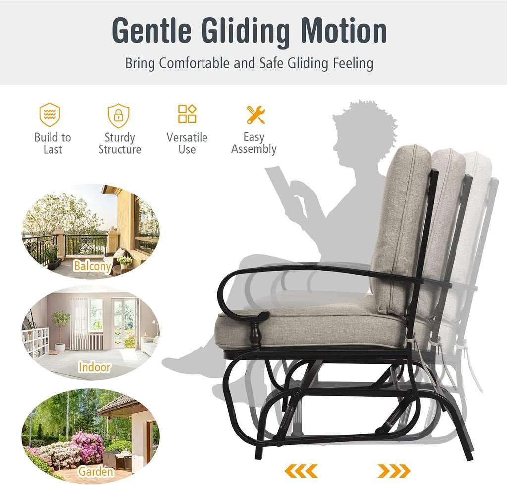 Giantex Outdoor Glider Bench, Patio Loveseat with Cushions, 440 Lbs Capacity, 2-Person Outdoor Rocking Chair, Porch Glider Swing for Garden, Backyard, Poolside, Patio Seating Rocker (Beige)