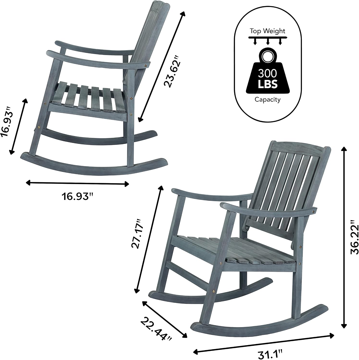 JONATHAN Y RCK102B Penny Classic Slat-Back 300-Lbs Support Acacia Wood Patio Outdoor Rocking Chair for Garden, Lawn, Backyard, Pool, Deck, Beach, Firepit, Gray