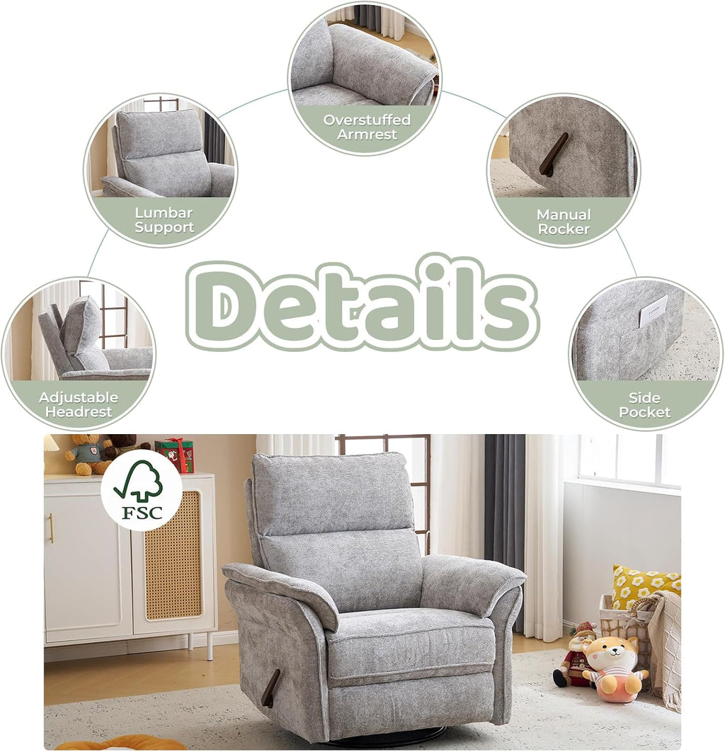 Oversized Swivel Rocker Recliner with Adjustable Headrest, Rocking Chair Nursery with Overstuffed Armrest, Manual Rocker Recliner Nursery Chair for Living Room,Light Grey