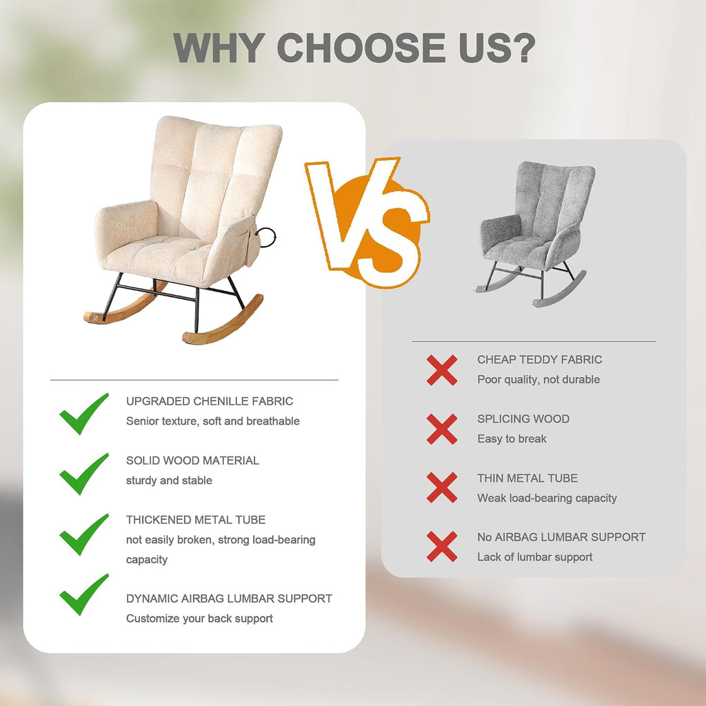 Rocking Chair Nursery with Airbag, Nursery Rocking Reading Chair Indoor, Cozy Upholstered Glider Rocker Chairs for Living Room Bedroom Offices, Sillas Mecedoras(Chenille, Beige)