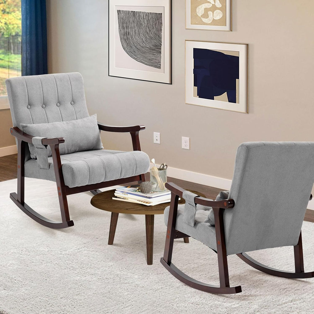 AVAWING Upholstered Rocking Chair Set of 2, Small Fabric Glider Rocker with 2-Point Massage Lumbar Pillow and Solid Wood Legs, for Bedroom and Living Room, Light Grey