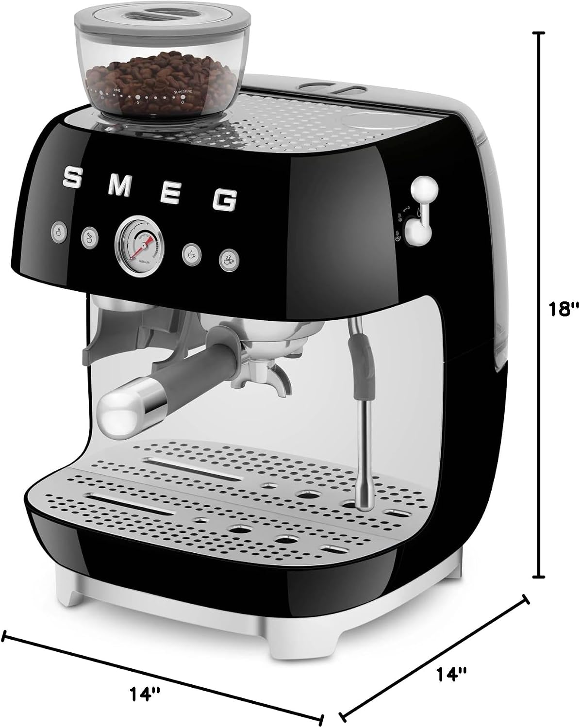Smeg EGF03 Semi-Automatic Espresso Machine with Built-In Grinder, Dual Thermoblock, 50's Retro Style – Black (120 V)