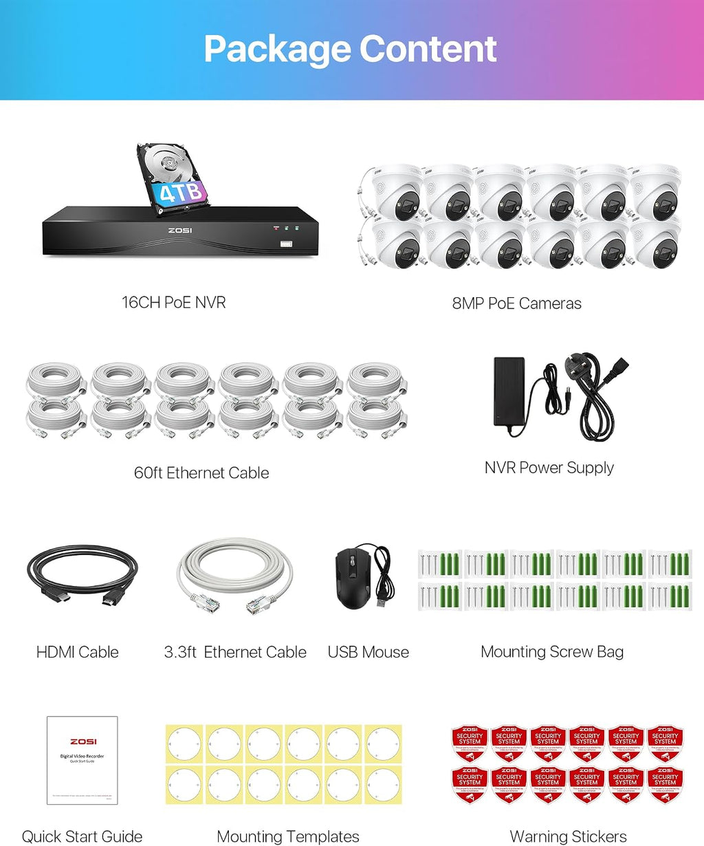 ZOSI 16CH 4K PoE Security Camera System, 12pcs 4K Outdoor Indoor PoE Cameras, Person Vehicle Detection, 2 Way Audio, Sound&Light Siren, Night Vision, 16Channel 8MP NVR with 4TB HDD for 24/7 Recording