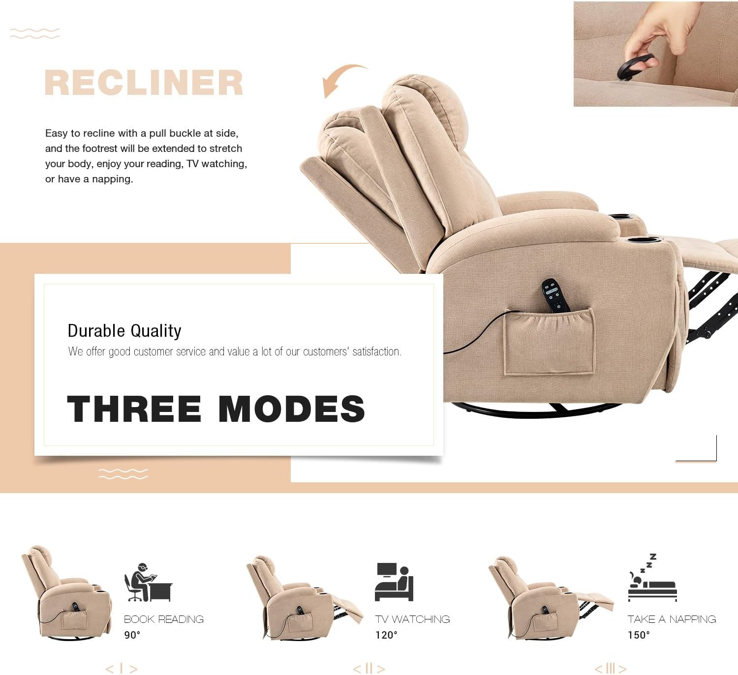 Flamaker Rocking Chair Recliner Chair with Massage Swivel Ergonomic Lounge Chair Classic Single Sofa with 2 Cup Holders Side Pockets Living Room Chair Home Theater Seat (Beige)