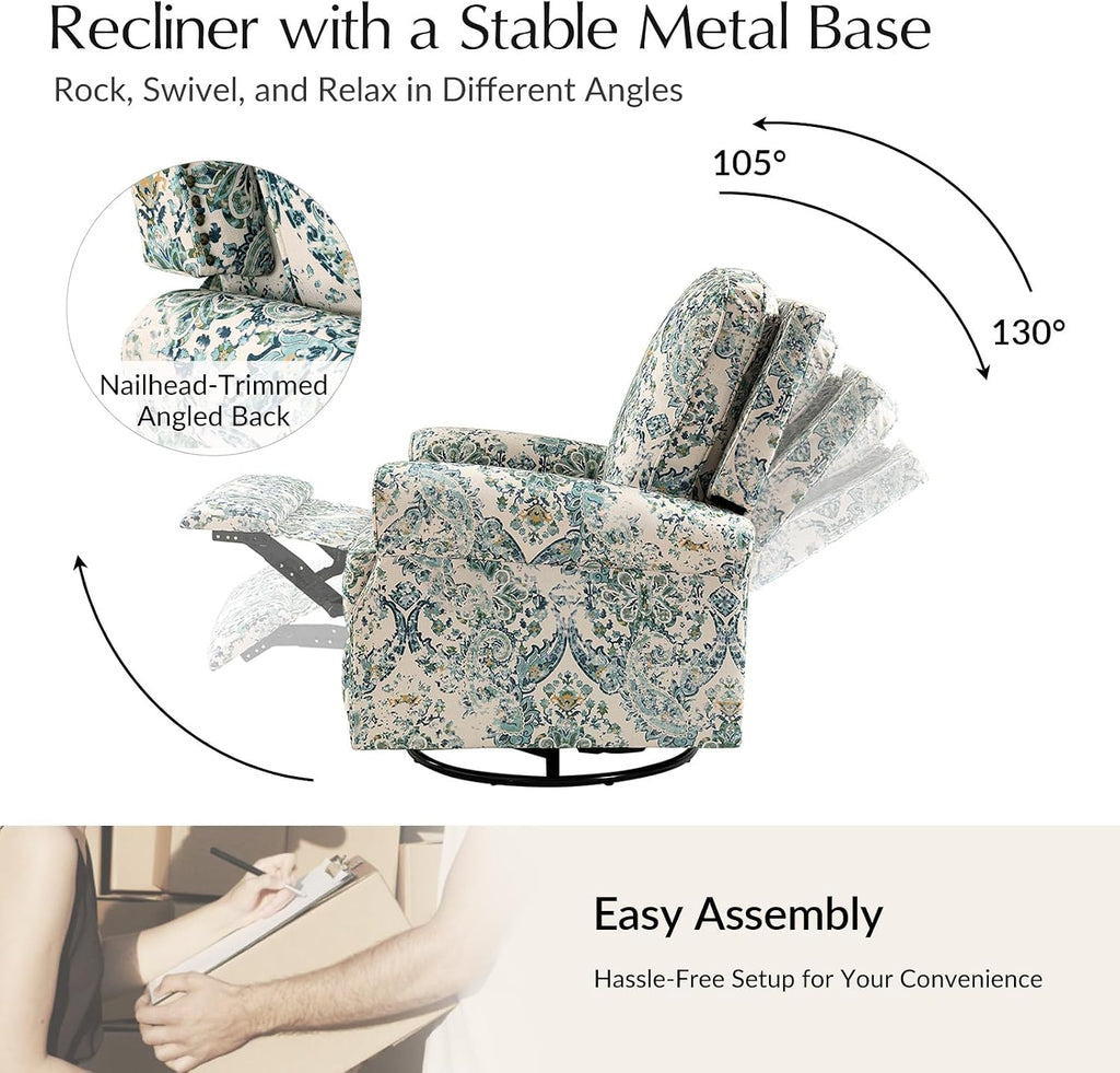 HULALA Home Rocker Recliner Set of 2, Modern Printed Fabric Swivel Glider with Adjustable Backrest & Footrest, Blue