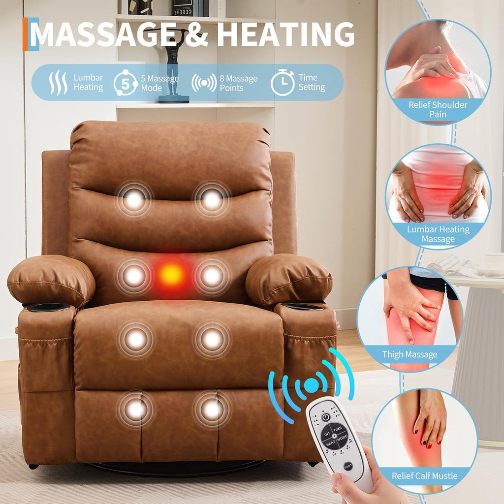 Leather Recliner Chair Nursery, Oversized Manual Reclining Rocking Chair, 360 Swivel Glider with Cup Holder, Massage and Heat Recliner, Indoor Small Single Sofa Chairs for Adults, RV, Bedroom, Brown