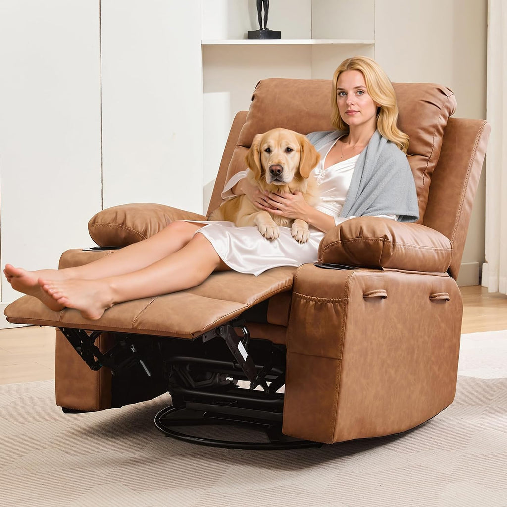 Leather Recliner Chair Nursery, Oversized Manual Reclining Rocking Chair, 360 Swivel Glider with Cup Holder, Massage and Heat Recliner, Indoor Small Single Sofa Chairs for Adults, RV, Bedroom, Brown