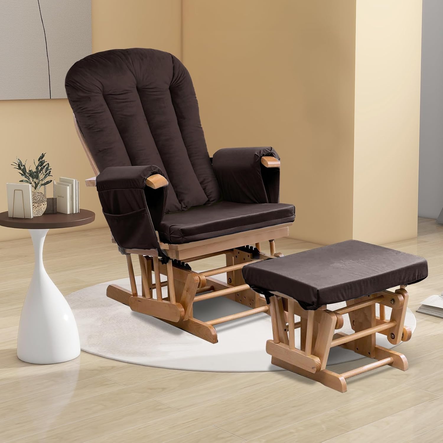 Lucky Monet 5PCS Velvet Glider Rocker Replacement Cushions, Thickened & Supportive Rocking Chair Cushion Set with 29.5 Inch High Backrest & Storage Pockets, for Indoor Nursery Glider, Brown