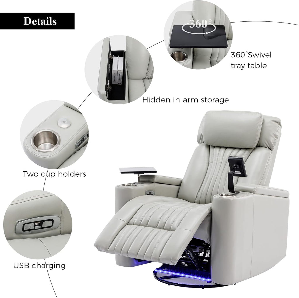 Recliner Chair, 270° Power Swivel Recliner Chair with 360° Swivel Tray Table and Cell Phone Holder, Cup Holder, Home Theater Seating with Hidden Arm Storage, Soft Living Room Chair (Gray/27)