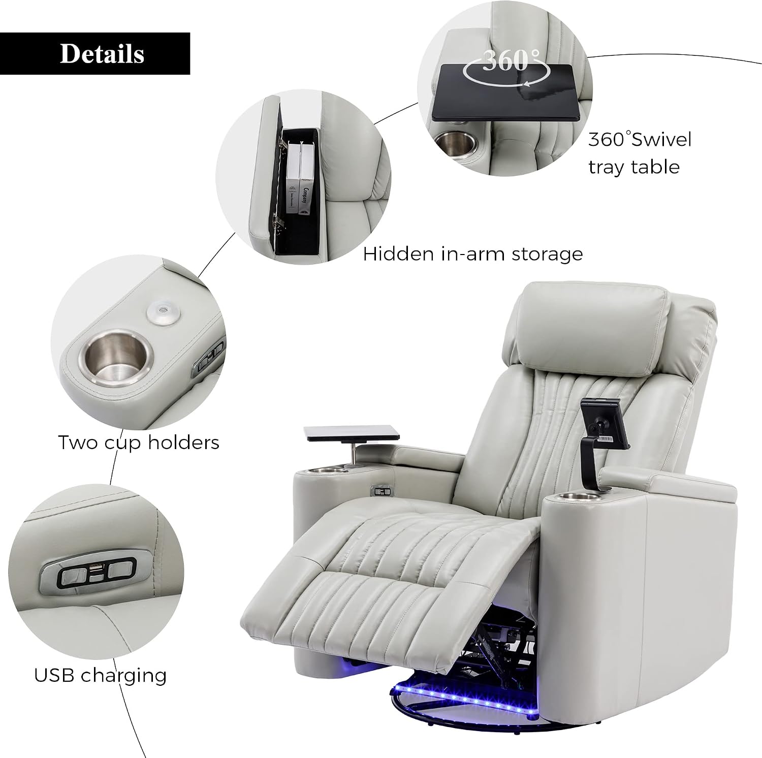 Recliner Chair, 270° Power Swivel Recliner Chair with 360° Swivel Tray Table and Cell Phone Holder, Cup Holder, Home Theater Seating with Hidden Arm Storage, Soft Living Room Chair (Gray/27)