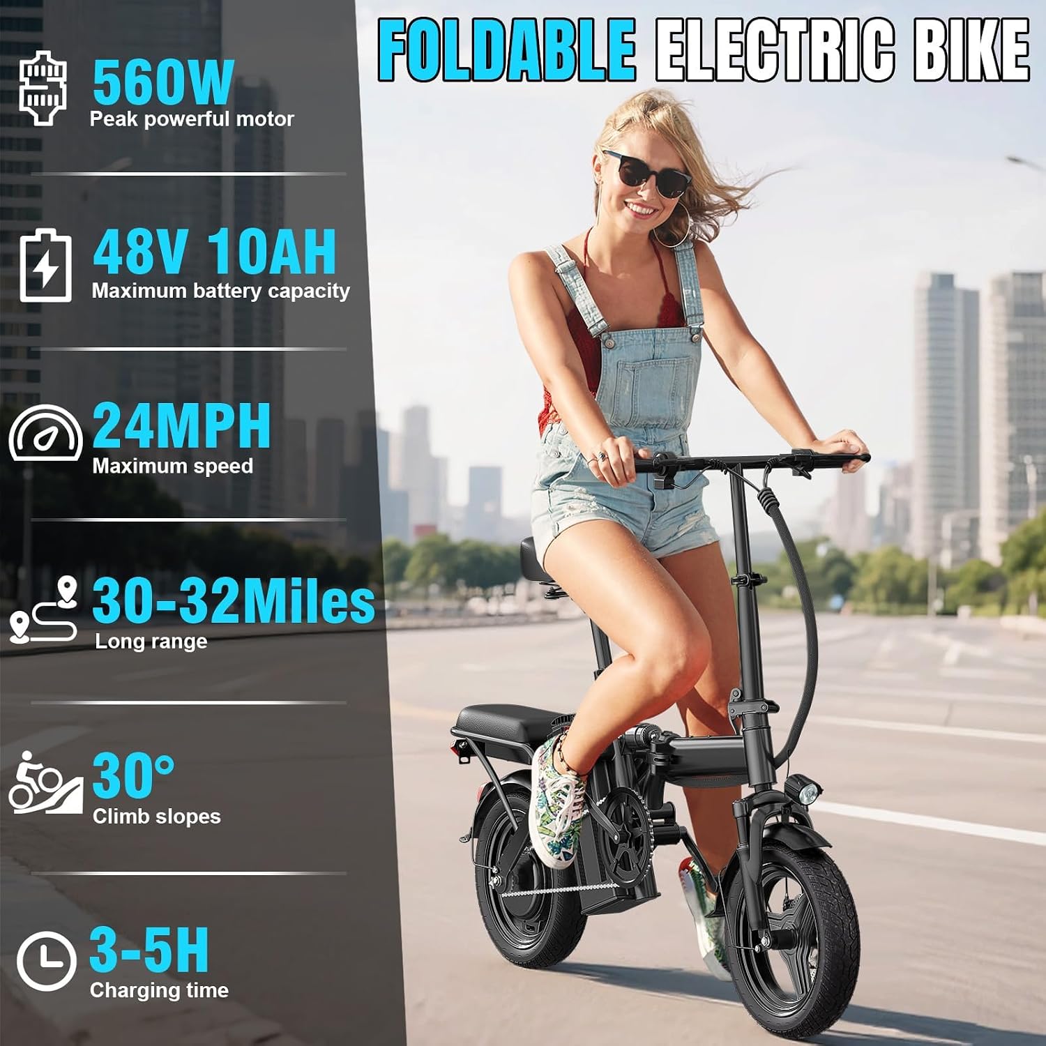 LELEKUAI Electric Bike for Adults and Teens, Folding Ebike,Commuter City Foldable E Bike with 560W Motor and 48V 10Ah Battery, 24MPH Speed Pedals Assist, Dual Disc Brakes,14' Compact Electric Bicycle