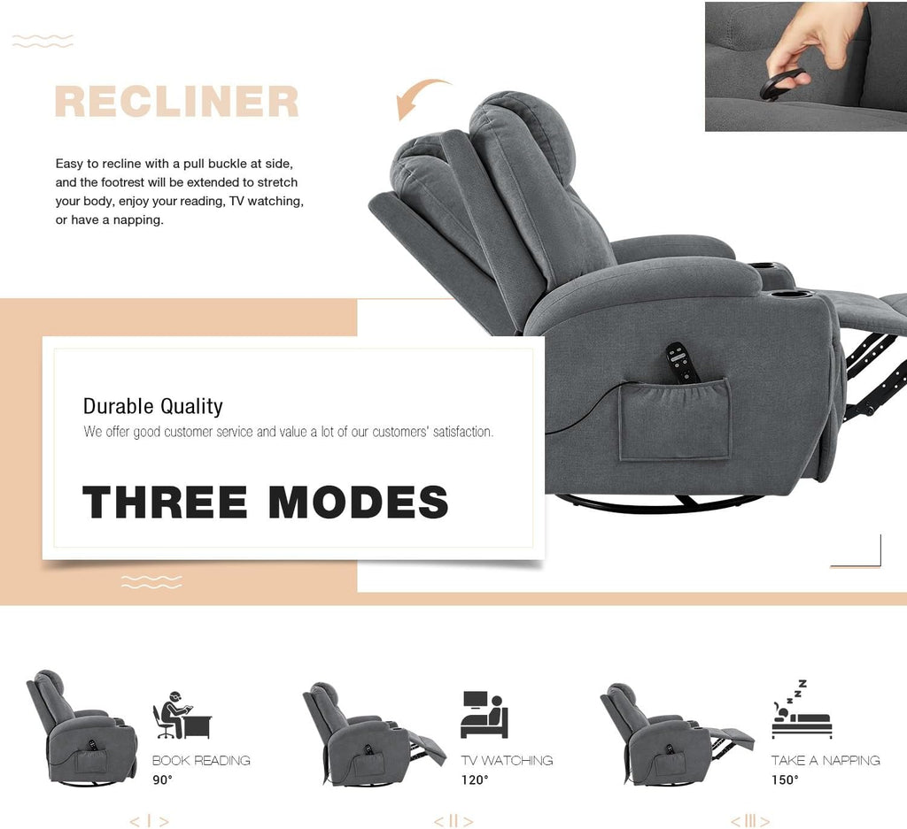 Flamaker Rocking Chair Recliner Chair with Massage Swivel Ergonomic Lounge Chair Classic Single Sofa with 2 Cup Holders Side Pockets Living Room Chair Home Theater Seat (Gray)