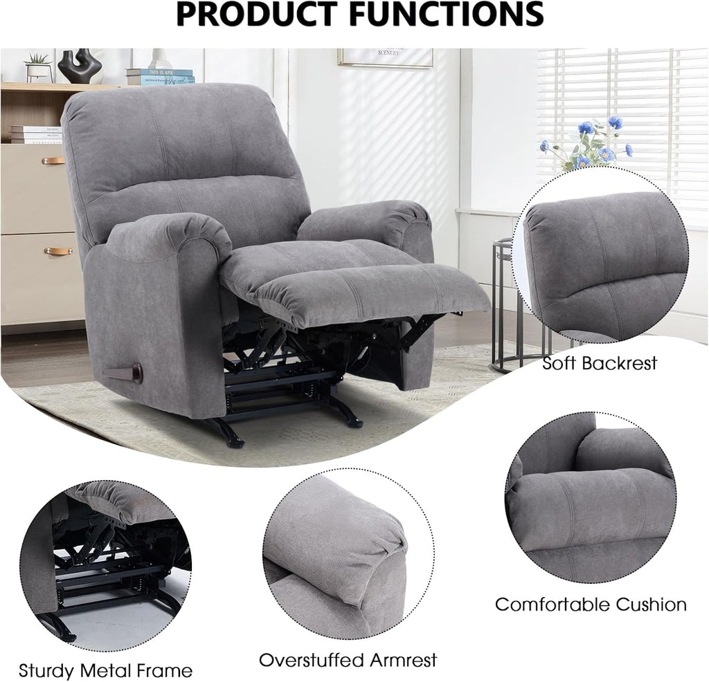 CANMOV Rocker Recliner Chair for Adults,Manual Recliner Chair with Overstuffed Backrest and Armrests, Soft Fabric Manual Rocking Reclining Sofa for Living Room,Grey