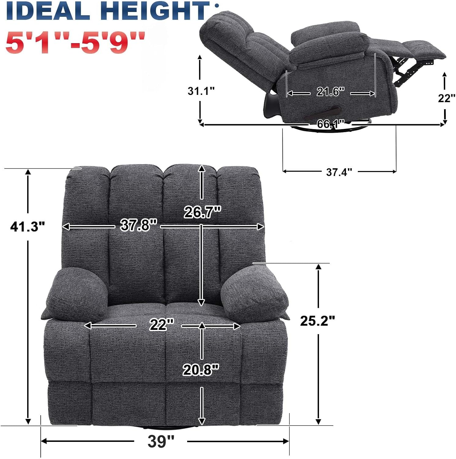 Eiayeebil Oversized Swivel Rocker Recliner Chair for Adult, Rock Recliner for 350lb Big Man, Extra Wide Manual Recliners, Overstuffed Soft Rocking Sofa Chair,Light Grey