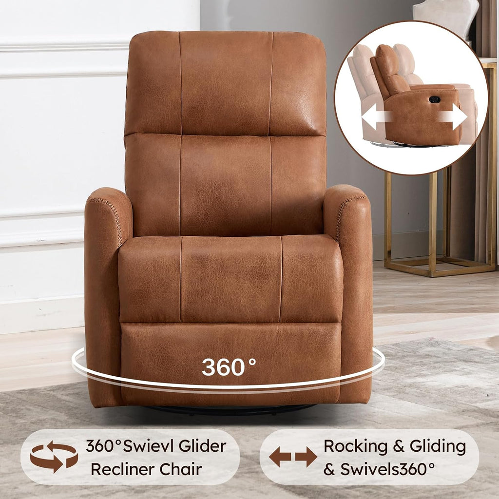ANJ Manual Swivel Rocker Recliner, Glider Recliners with Padded Armrest and Backrest, Soft Leather Nursery Rocking Recliner Chair Reclining Sofa for Living Room