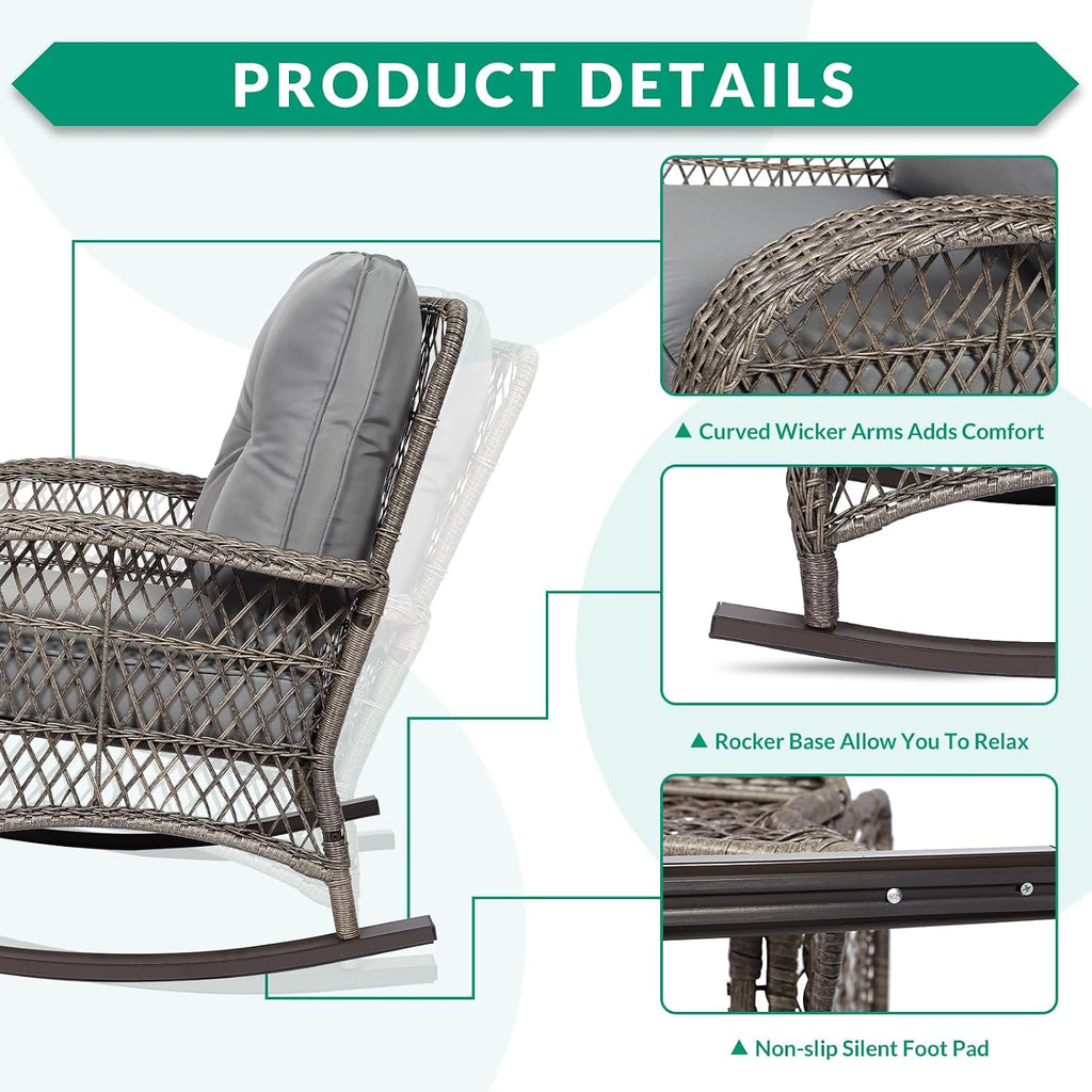 VIVIJASON 4-Piece Outdoor Patio Wicker Conversation Sets, All Weather Outdoor Rattan Furniture Set Includes Glider Loveseat, Coffee Table, 2 Rocking Chairs with Cushions for Backyard, Grey