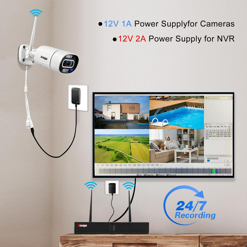 5MP Home WiFi Security Camera System Outdoor, 4 Camera Kit, Corded Electric Power Surveillance Cameras, 24/7 Continuous Recording, 1TB Hard Drive, 2 Way Talk, AI Detection, Color Night Vision
