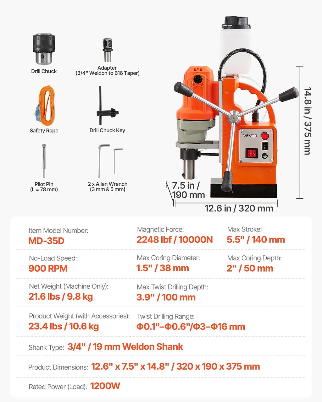 VEVOR Magnetic Drill Press, 1200 W, 1.5 in Boring Diameter, 2248 lbf Power Mag Drill Press, 900 RPM Speed, with Weldon Shank, Efficient Cooling, for Metal Surface, Industrial and Home Improvement