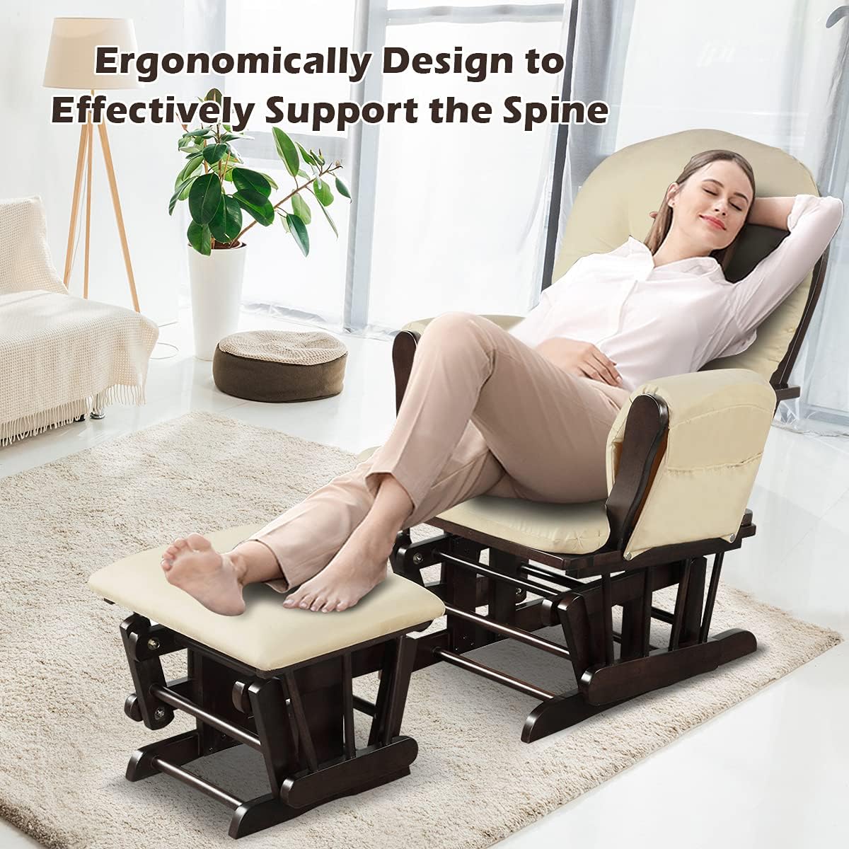 Costzon Glider and Ottoman Set, Wood Glider Rocker for Nursery, Upholstered Comfort Nursing Rocking Chair with Storage Pocket, Padded Armrests & Detachable Cushion, Easy to Assemble (Beige)