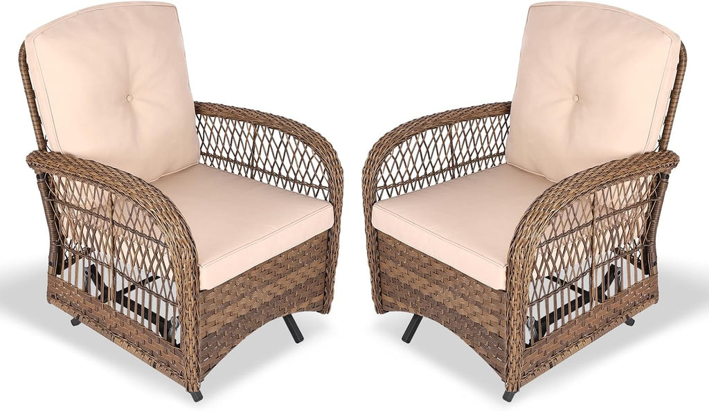 VIVIJASON 2-Piece Outdoor Wicker Glider Rocking Chair, Patio Rattan Swing Glider Chairs with Cushions & Steel Frame, All-Weather Gliding Lawn Wicker Furniture for Garden Backyard Porch