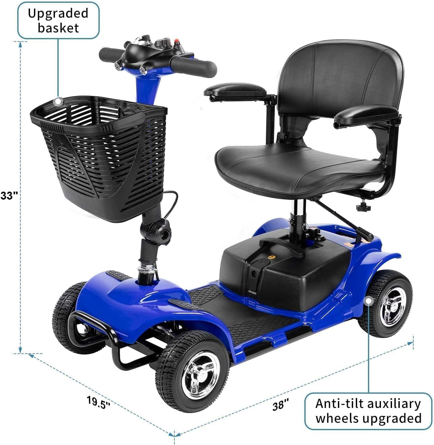 4 Wheel Mobility Scooters for Adults，Collapsible Compact Electric Scooter，Heavy Duty Powered Mobile Wheelchair Device with Lights，Basket and Long-Lasting Battery（Blue）