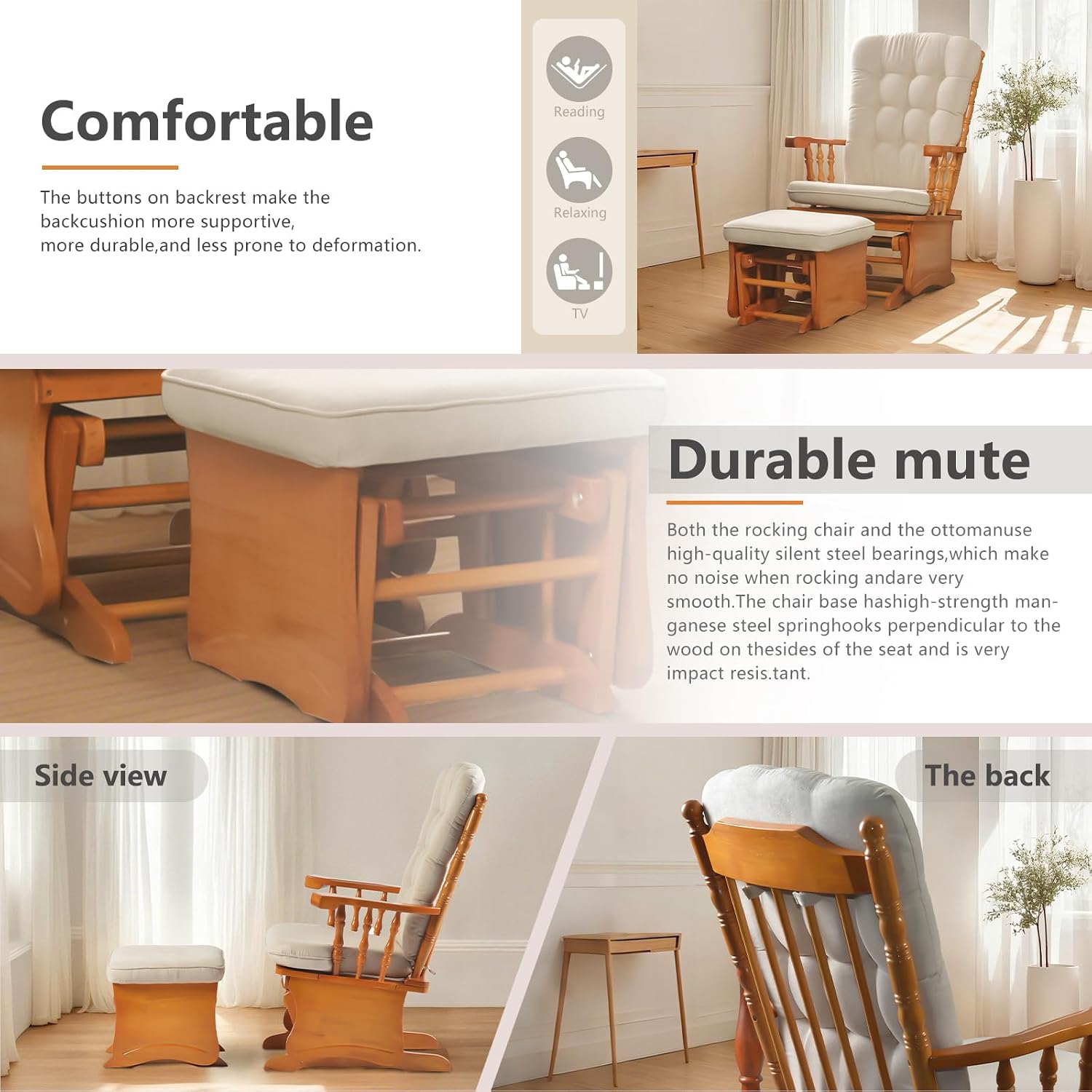 Solid Wood Anti-Pinching Rocking Glider Chair with Ottoman Cushion Set, Nursery Rocking Chair for Living Room Bedroom Reading Room, Honey