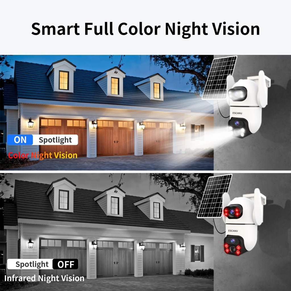 Security Cameras Wireless Outdoor with Dual Lens,Solar Cameras for Home Security with 360° View Pan/Tilt,Night Vision,Waterproof,PIR Alarm,2-Way Audio,SD/Cloud Storage,No Month Fee,2.4GHz WiFi(4 Pack)